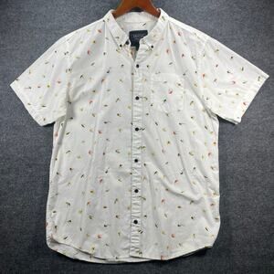 Dravus Button Down Shirt Men's XL White Fly Fishing Geometric AOP Short Sleeve